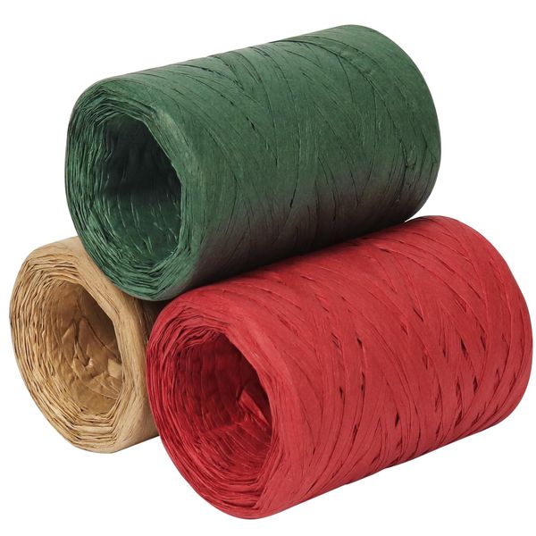 Raffia Ribbon, 3 Rolls 984 Feet Red Green Natural Christmas Ribbon for Gift Wrapping, Craft Paper Twine for Gifts, Pastry Boxes, Holiday Decor, Crafting (328Feet / Roll)