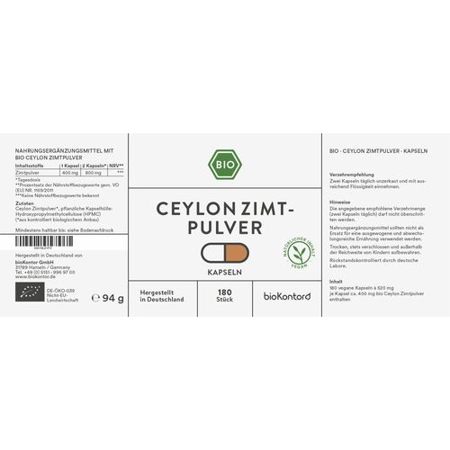 Ceylon Cinnamon Capsules Organic Pack of 180 Vegan Capsules Made in Germany bioKontor