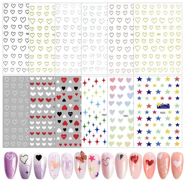 12 Sheets 3D Heart Star Nail Art Stickers Nail Heart Stickers Self Adhesive Nail Decal Stickers Love Heart Nail Art Decoration Heart Nail Sticker Gold Silver Black White Colors