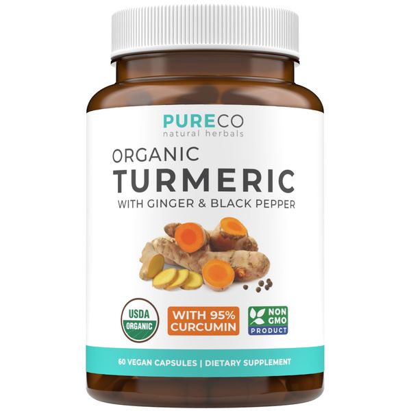 USDA Organic Turmeric Curcumin with Black Pepper and Ginger (2 Month Supply) Joint Support Supplement with Tumeric and Ginger Root Powder - Organic Turmeric Supplement - 60 Vegan Capsules (No Pills)