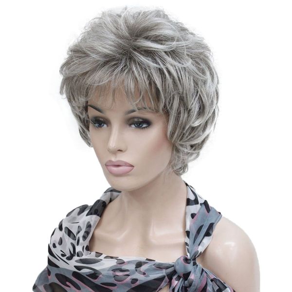 Lydell Women's Short Curly Wavy Wig Synthetic Hair Full Wig 6 inches (48T Light Gray with Dark Root)