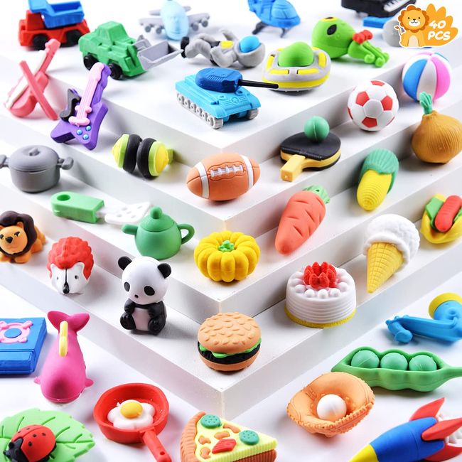 FUNNISM 40PCS Pencil Erasers for Kids Bulk,3D Mini Erasers Puzzle Erasers,Animal Food Take Apart Eraser for Party Favors Gifts,Desk Pet,Classroom Prizes,Treasure Box Toys for Classroom,School Supplies