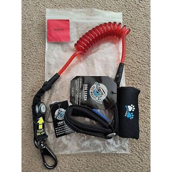 Surf City Pet Works Dog Leash 5.5 Feet Light Poop Bag Dispenser Tangle Free Red