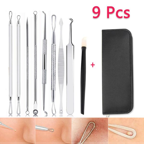 9 PCS blackhead acne tool kit double ring, needle puller, cone tip puller tool