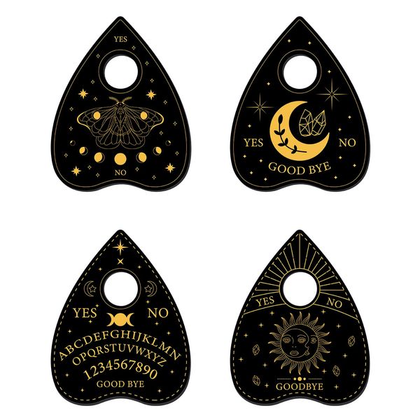 CREATCABIN 4Pcs Planchette Spirit Board Wooden Crystal Holder Mini Crystal Sphere Display Stand Witch Stuff Wiccan Altar Decor Witchy Gift Supplies Small Tray for Crystal Ball Stones Witchcraft(Black)