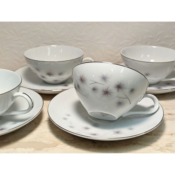 4 MCM Creative Fine China Platinum Starburst 1014 Cup & Saucer Sets 8PC Japan