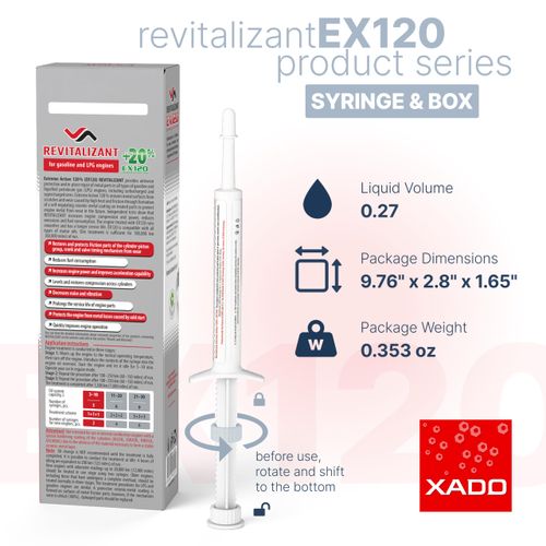 XADO EX120 Motor Oil Additive - Engine Restore - Ceramic-Metal Coating and Revitalizant - Oil Treatment for High Mileage Engines - Restores Worn Metal Parts - for Gas and LPG Vehicles (Syringe 8 ml)