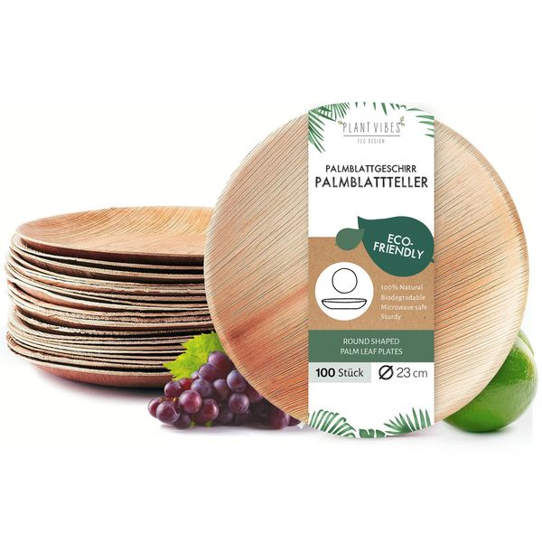 Plantvibes natürliche Palmblattteller edel & umweltfreundlich unser stilvolles Palmblattgeschirr ist 100% kompostierbar Einweggeschirr aus Palmblatt, Palmblätter als Einwegteller, 100 edle, Holzfarbe