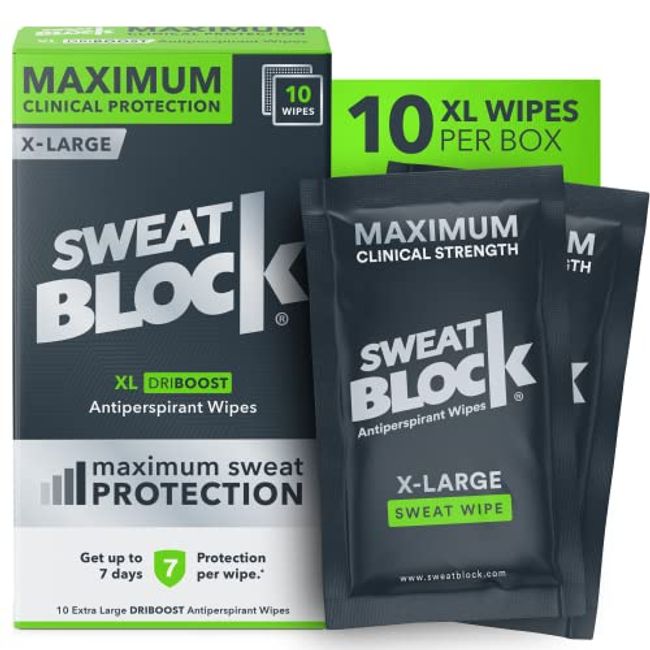 SweatBlock Underarm & Body Antiperspirant Wipes for Men & Women - Clinical Strength for Hyperhidrosis & Sweat Control - Stop Sweating w/up to 7-Day Protection per Wipe - Unscented - Pack of 10 Wipes