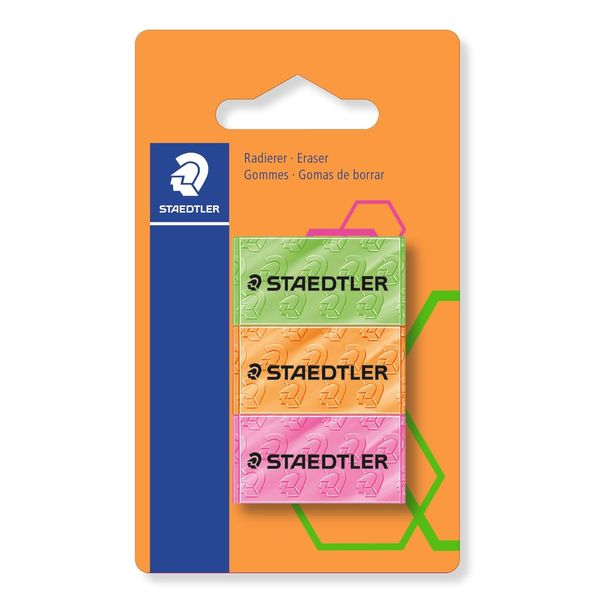 STAEDTLER Rubber Eraser, Pack of 3 in Blister Packaging, Neon Design, Comfort Quality, Low Crumble Formation, Phthalate & Latex Free, Made in Germany