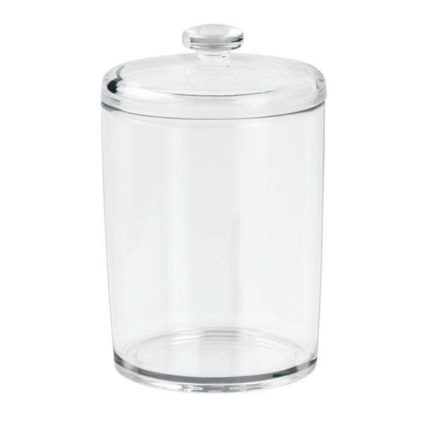 iDesign 01984EU Bathroom Storage Box, Small Cotton Bud Holder with Lid Made of Durable Plastic, Stylish Storage Jar for Cotton Swabs or Makeup Pads, Clear,8.381x8.381x12.954 cm