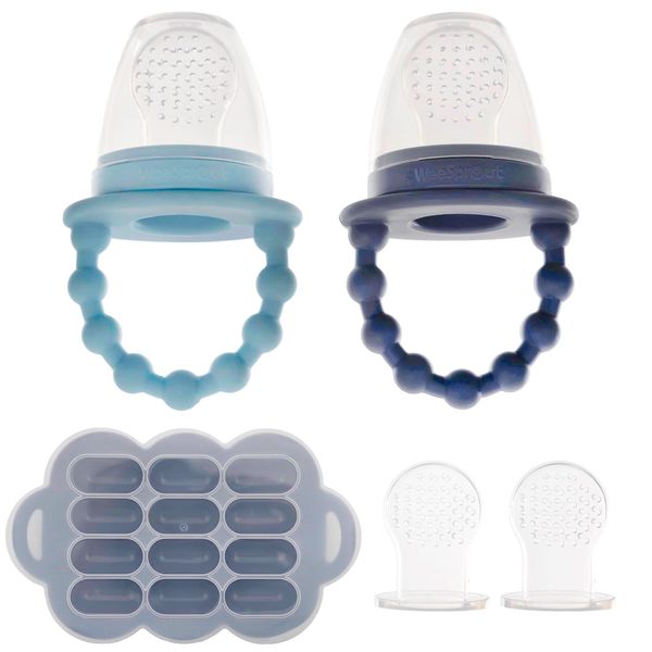 WeeSprout Silicone Baby Food Feeders + Freezer Tray for Batch Prep, Set of 2, Introduce New Foods Safely, Double as Teething Toys, Includes 2 Extra Pouches & Travel Lids, Dishwasher Safe