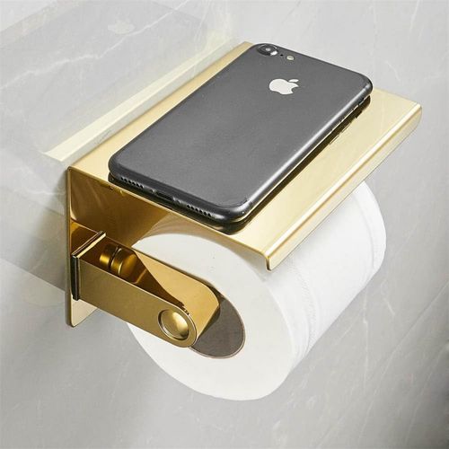 Toilet Paper Holder with Phone Shelf, Wall Mount Toilet Tissue Roll Holder, Rustproof and Bathroom Washroom Tissue Roll Holder with Shelf(Gold)