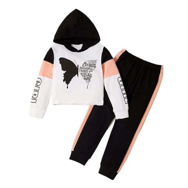 Axumity Toddler Baby Girls Clothes Outfits Butterfly Letter Print Hoodie Hooded Sweatshirt and Pants 2-Piece Fall Winter Clothing Set(6-7T)