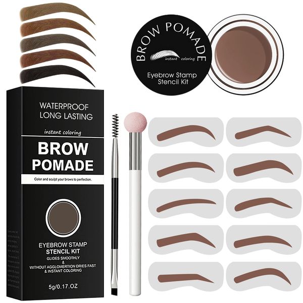 Eyebrow Stamp Stencil Kit - for Waterproof Eyebrows Makeup, Brow Stamp Trio Kit with Sponge Applicator, Dual-ended Brow Brush, 10 Eyebrow Stencils, Waterproof Eyebrow Pomade (Chocolate)