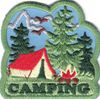 "CAMPING" - IRON ON PATCH - TENT, TREES - BONFIRE - TRIP - VACATION - OUTDOORS