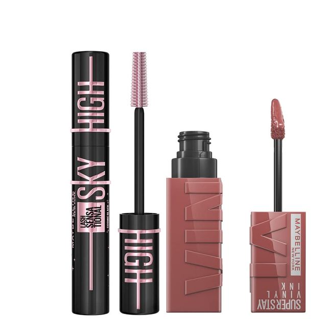 Maybelline New York Lash Sensational Sky High Cosmic Black Maskara + Super Stay Vinyl Ink Uzun Süre Kalıcı Likit Parlak Ruj 35 Cheeky Makyaj Seti