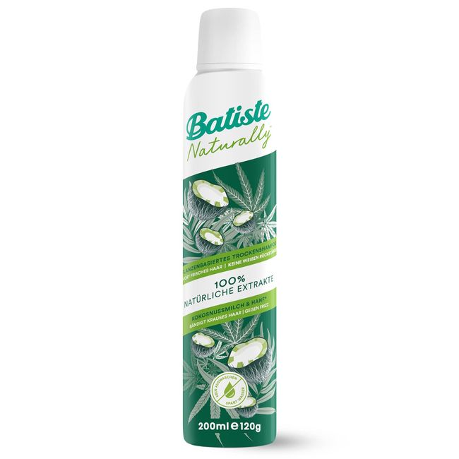 Batiste Trockenshampoo Naturally Kokosnussmilch & Hanf 200 ml, Trockenshampoo zum Auffrischen und Stylen von krausem Haar, ohne Ausspülen, Haarstyling vegan, mit 100 % natürlichen Extrakten