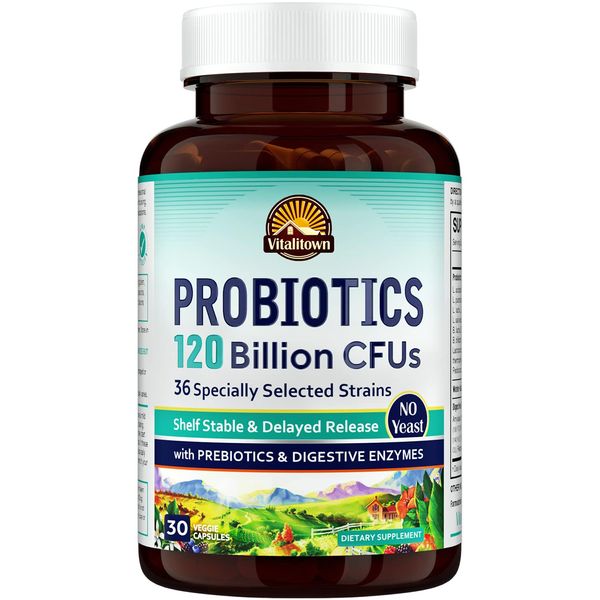 VITALITOWN Probiotics 120 Billion CFUs | 36 Strains, with Prebiotics & Digestive Enzymes for Men Women | Shelf Stable | Digestive & Immune Support | Vegan, Non-GMO | 30 Delayed Release Veg Caps