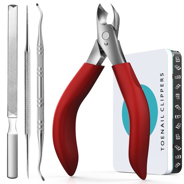 Thick Toe Nail Clippers - Men's Nail Clippers Set Durable Professional Thick Nail Clippers for Curly Nails, Large Nail Clippers for Elderly Men Women Long Handle Safe RONAVO (Red)