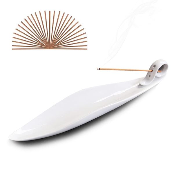 White Porcelain Incense Holder for Sticks, 3 Holes for Different Size Incense, 9" Length Tray Catch Ash Well, 50 Pcs Sandalwood Incense Sticks for Free