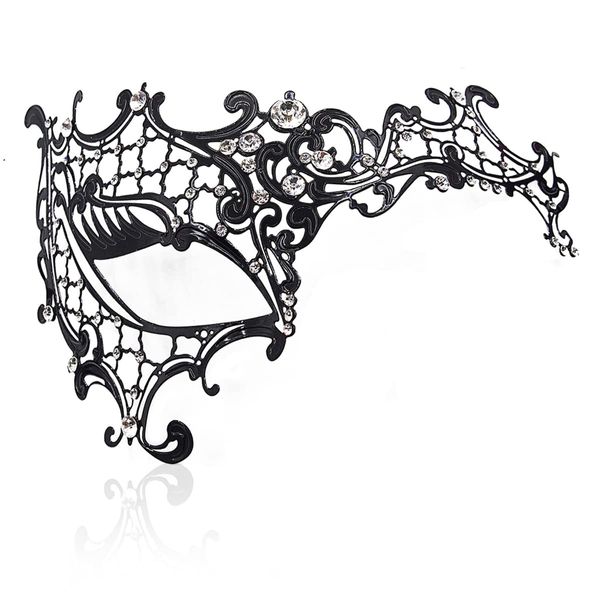 Masquerade Mask for Women Shiny Laser Cut Metal Rhinestone Mask Party Porm Ball Mask (Black Half-face)