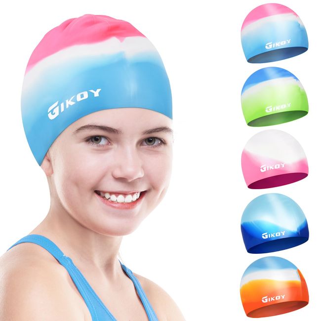 GIKOY Badekappe Kinder Lange Haare, Schwimmkappe für Mädchen Jungen im Alter von 5 bis 14 Jahren, 3D Dehnbare & Bequeme Badehaube, Silikon wasserdichte Schwimmhaube, Blue&Rose, S