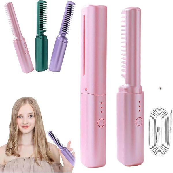 Rechargeable Mini Hair Straightener, 2 in 1 Anti-Scald Hair Straightener Brush and Curler,Portable USB Plug-in Small Hair Curler Iron,Ceramic Mini Hair Curling Iron for Short and Long Hair