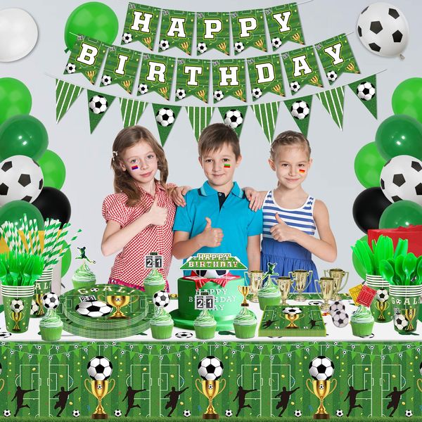 225 Pack Soccer Party Decorations Soccer Birthday Party Tableware Set Soccer Party Supplies Sport Themed Birthday Party Supplies Include Plates Napkins Balloons Banner Party Tablecloth Serves 20