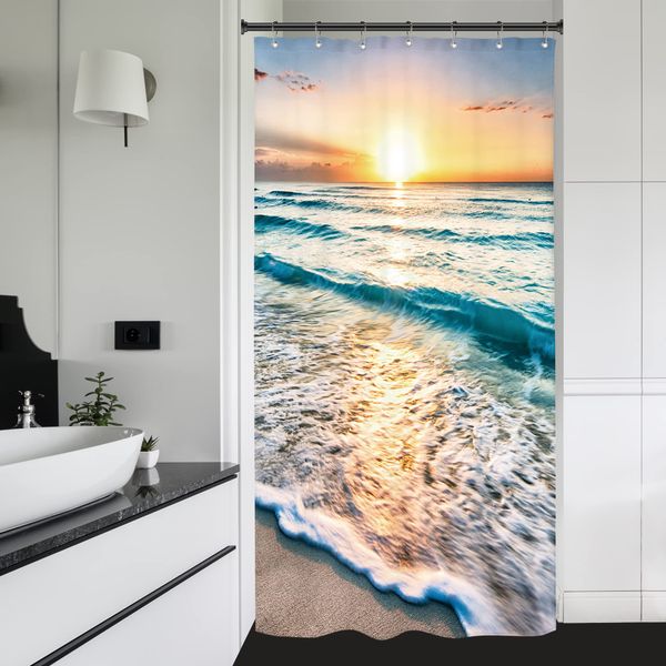 Riyidecor Stall Small Shower Curtain Half Summer 36x72 Inch Mini Single Narrow Ocean Beach Coastal Hawaiian Sunrise Sea Wave Seaside Scene Island Blue Cool Fabric Set Waterproof 7 Pack Hooks BB-JWXP