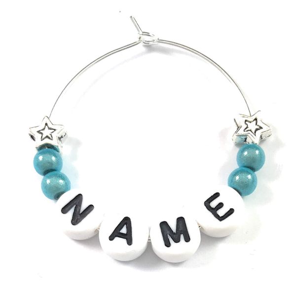 Libby's Market Place Personalised Name Wine Glass Charm with White Letters and Stars on a Gift Card