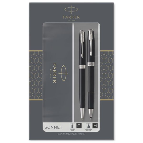 Parker Sonnet Duo Gift Set With Ballpoint Pen & Rollerball Pen, Gloss Black With Chrome Trim, Black Ink Refill & Cartridge, Gift Box