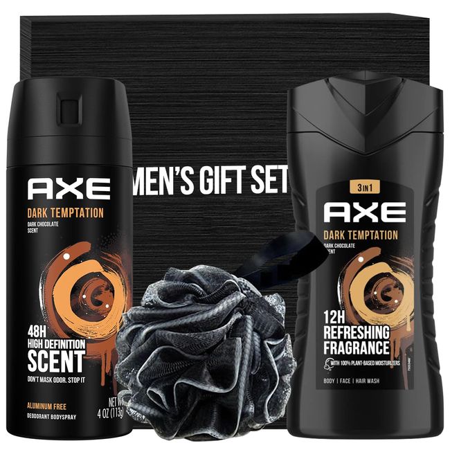 Valentine's Day Axe Gift Set for Men, Includes Dark Temptation Body Wash, Axe Men Dark Temptation Deodorant Spray and Mens Shower Loofah in Gift Box for Boyfriend Him Dad Fathers Man