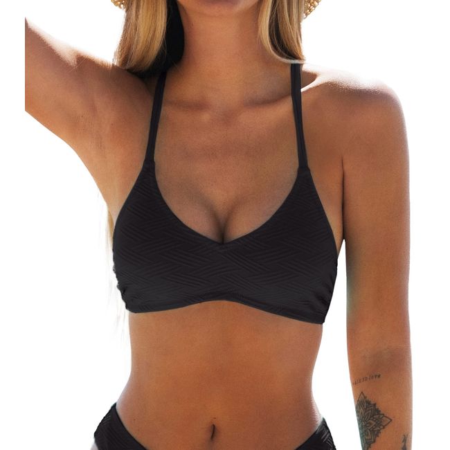 CUPSHE Damen Bikini Oberteil Neckholder Bikini Bademode U Ausschnitt Texturiert Bikini Top Schwarz L