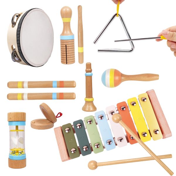 Baby Musical Instruments，Montessori Musical Toys for Toddlers 1-3, Wooden Percussion Instruments Set, Neutral Colors Music Toys for 1 2 3 Year Boy&Girls, Kids Preschool Educational Birthday Gifts