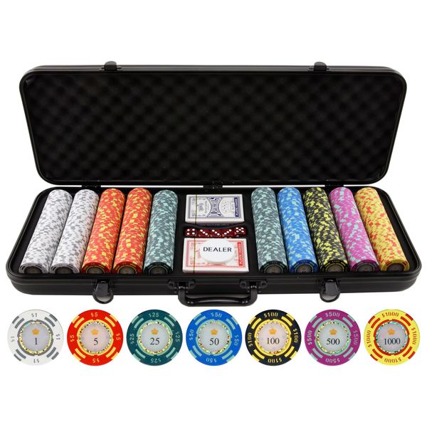 Versa Games 13.5 Gram Poker Chips - Clay Poker Chips Set - 500 Piece Crown Casino Poker Set with Numbers Denomination - New Upgraded Poker Case