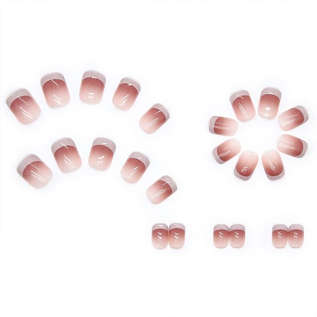 YUBX Short French Tip False Nails Nude Gradient Translucent Fake Nails 24 Pcs Acrylic Square Press On Nails Jerry Glue for Women Girls