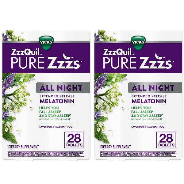 ZzzQuil PURE Zzzs All Night Extended Release, Melatonin Sleep Aid Tablets, Helps You Stay Asleep Longer, Sleep Aid for Adults, 2 mg per tablet, 28 Count (2 Pack)