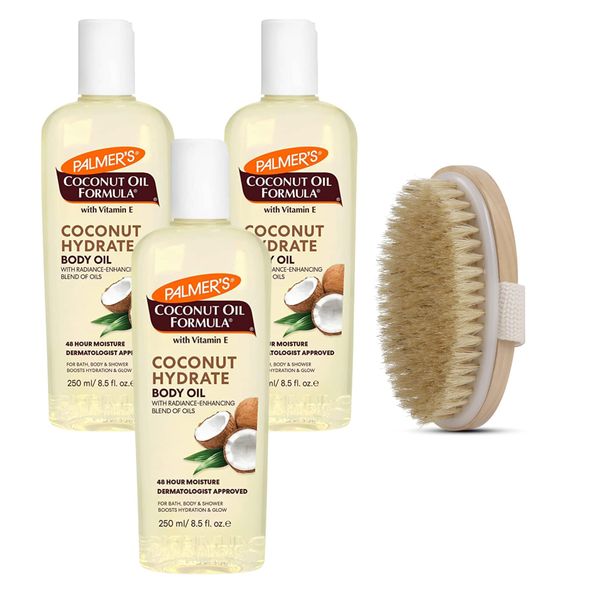 Palmer's Coconut Oil Body Oil Bundle – 3X Coconut Oil 250ml for Skin, 1X Dry Body Brush for Exfoliation & Hydration – Moisturizing Body Care by Palmers