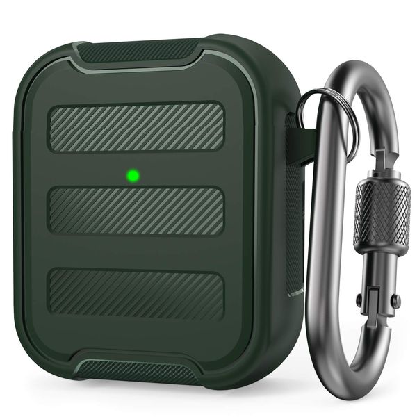 AHASTYLE Rugged AirPods Case Cover Shockproof Hard-Shell TPU Protective Cover Compatible with AirPods 2 & 1 [Front LED Visible] Support Wireless Charging with Carabiner (Midnight Green)