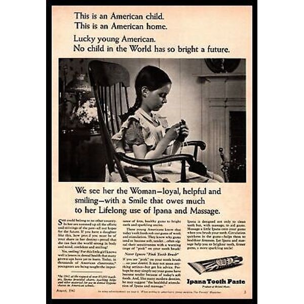 1942 Ipana Tooth Paste Girl With Pigtails Knitting Rocking Chair Print Ad