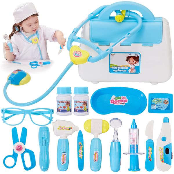 BUYGER Arztkoffer Kinder ab 3 Jahre, Doktorkoffer Mit Zubehör Stethoskop, Spritze, Arzt Set mit Licht und Sound für Kinder, Doktor Spielzeug, Rollenspiel für Mädchen Junge, Geschenke (Blau)