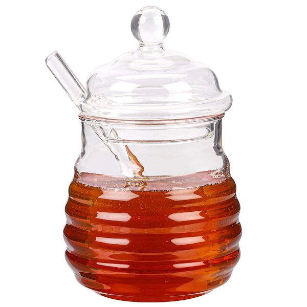 BELLE VOUS Glass Honey Jar with Dipper & Lid - 400ml/14oz Pot - Glass Honey Container with Lid Cover for Home Kitchen or Wedding/Party - Holder for Honey, Jams or Spices