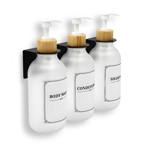 Beati Faucet Shampoo and Conditioner Dispenser 3 Chamber Set– No Drill Wall Mounted, 16.9 fl oz Clear Shower Soap Pump Bottles, Refillable Bathroom Body Wash Dispensers, Waterproof Labels