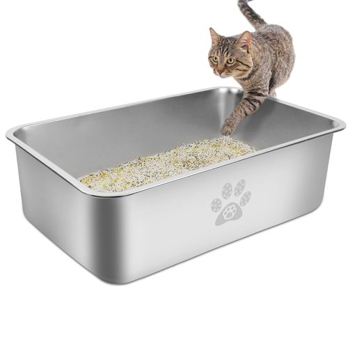 PWTAA Stainless Steel Cat Litter Box High Side Cats Toilet Metal Kitten Litter Pan, Pet Cleaning Tool for Big and Small Cats, Rabbits, Splash-Proof and Non-Stick Cat Poop Box odorless 17.7"x13.8"x5.9"