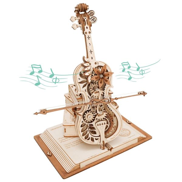 ROKR 3D Puzzles for Adults 1:5 Scale Cello Model Kit with Base 199pcs Wooden Music Box Building Kit Desk Gift for Men Women Hobby for Adults