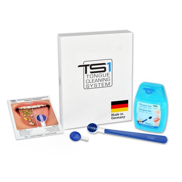 TS1- Professional Tongue Cleaning System - Tongue Cleaner Recommended by German Dentists, Halitosis & Bad Breath Treatment for Adults - 2 x Tongue Scraper, 1 x Tongue Gel