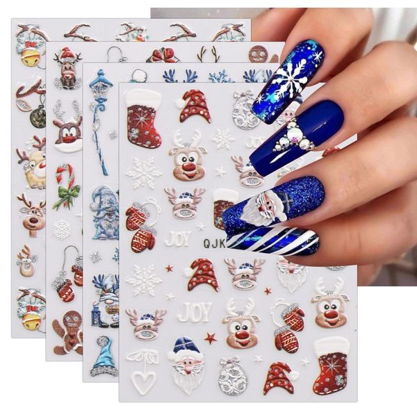 JMEOWIO 3D Glitter Natale Adesivi Unghie Nail Art, Stickers Unghie Autoadesivi 5D Decorazioni Unghie Nail Art Disegni 4 Fogli