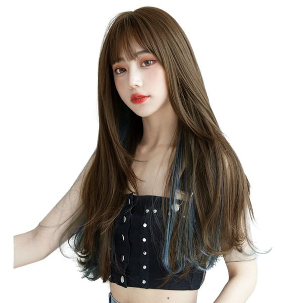 BARSDAR Wig, Long, Curly Hair, Inner Color, Full Wig, Wave, Natural, Patty Bangs, Wig, Small Face, Heat Resistant, Stylish, Halloween Costume, Women's Wig with Hair Net/Comb Included (Cool Brown x Aoki Gray)