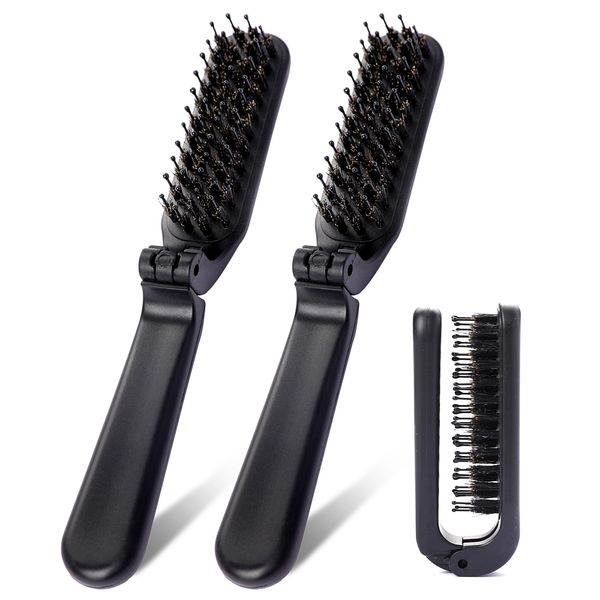 Foldable Brush for Purse, 2 Pack Small Portable Travel Hair Brush with Natural Boar Bristle and Nylon Bristle,Folding Comb Mini Wet Hairbrush Compact Pocket Brush for Car Gym Bag Locker (Black)